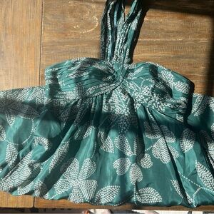 Vintage Y2K BCBGMAXAZRIA 100% Silk Boho Halter Mini Dress Teal Leaf Print - S